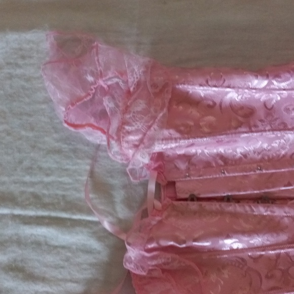 Over-Bust Corset Boning Waist Trainer Pink Satin Bustier XL Ribbon Tie Back - Picture 6 of 8